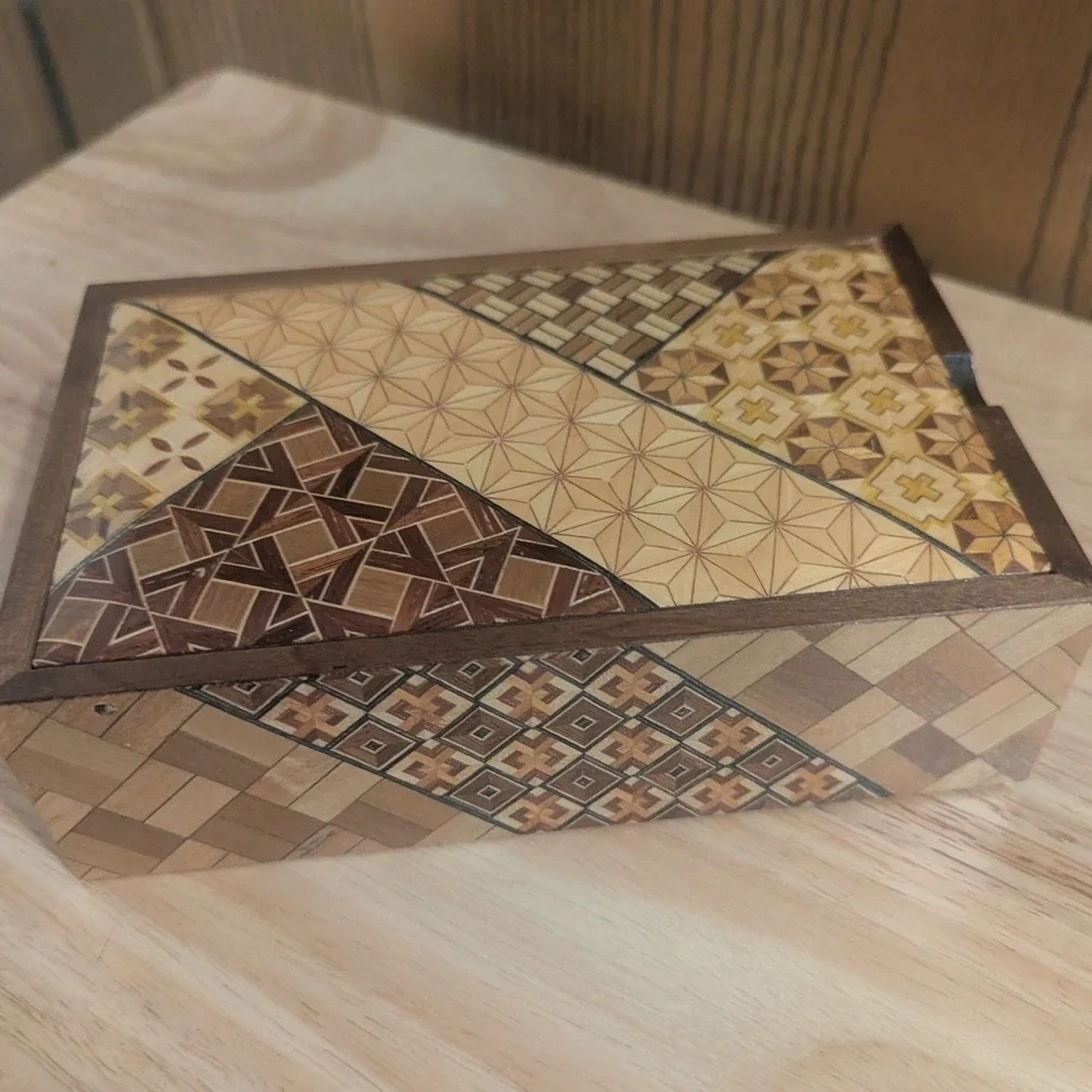 VTG Japanese Hakone Yosegi Zaiku Wood Mosaic Jewelry Box with Mirror Marquetry